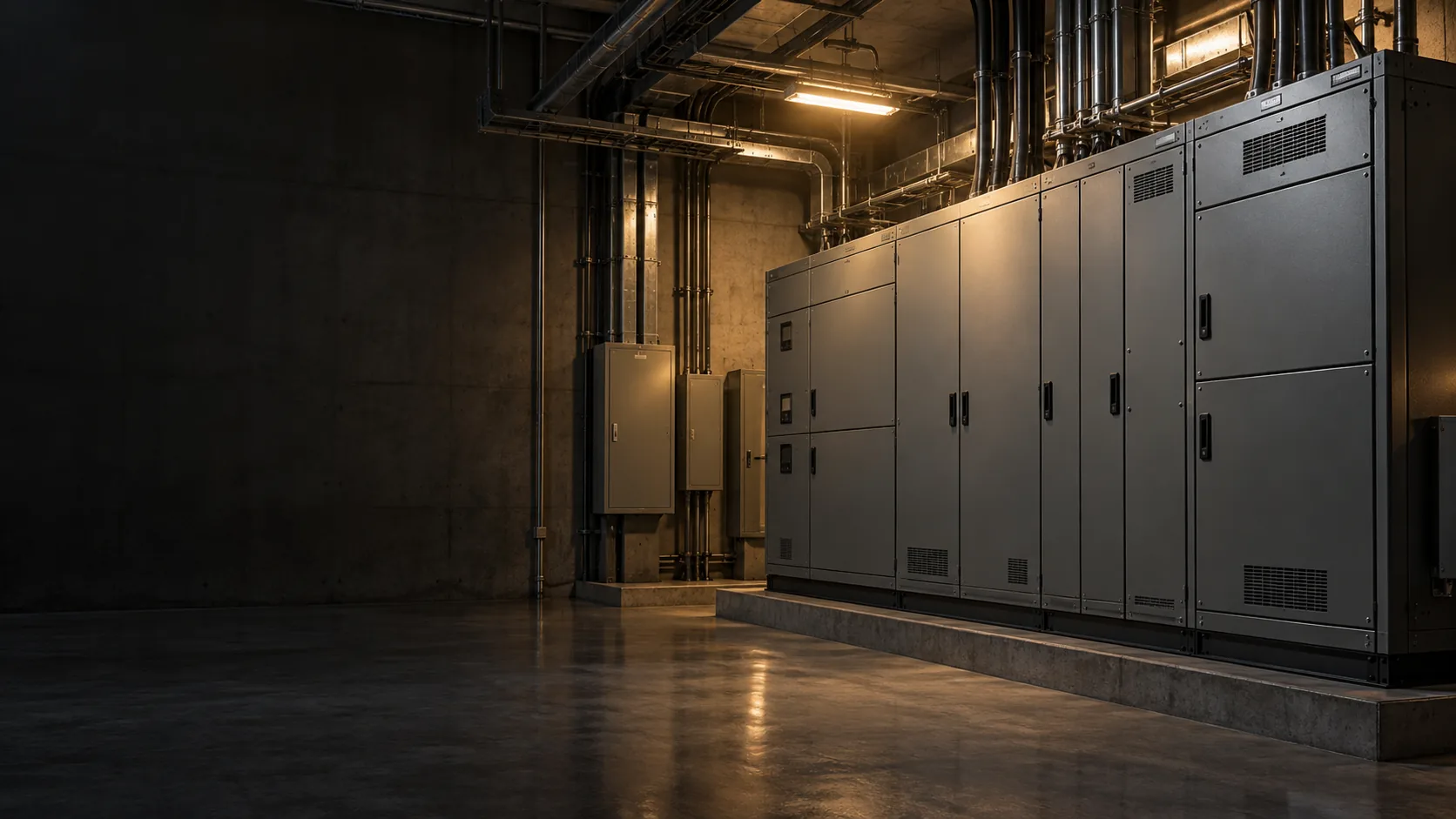 AI 生成的電力設備空間情境概念圖，右側封閉金屬配電櫃上方亮起暖色照明。