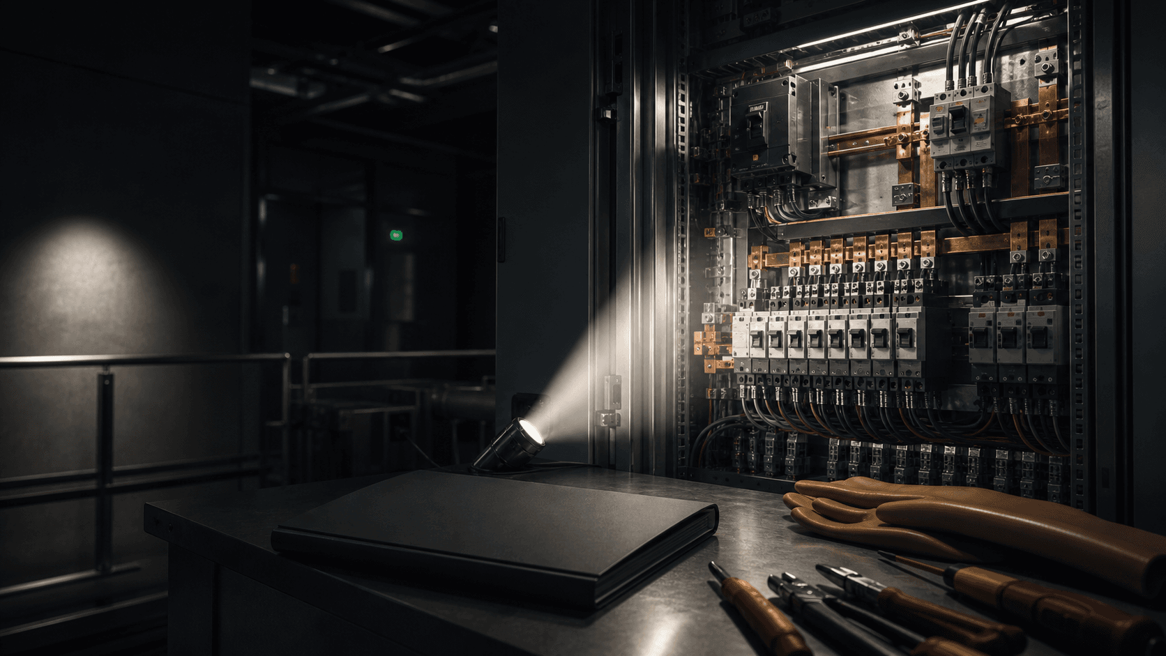 工程紀錄摘要圖：配電櫃、工具及文件資料的整理畫面，並非個案現場相片