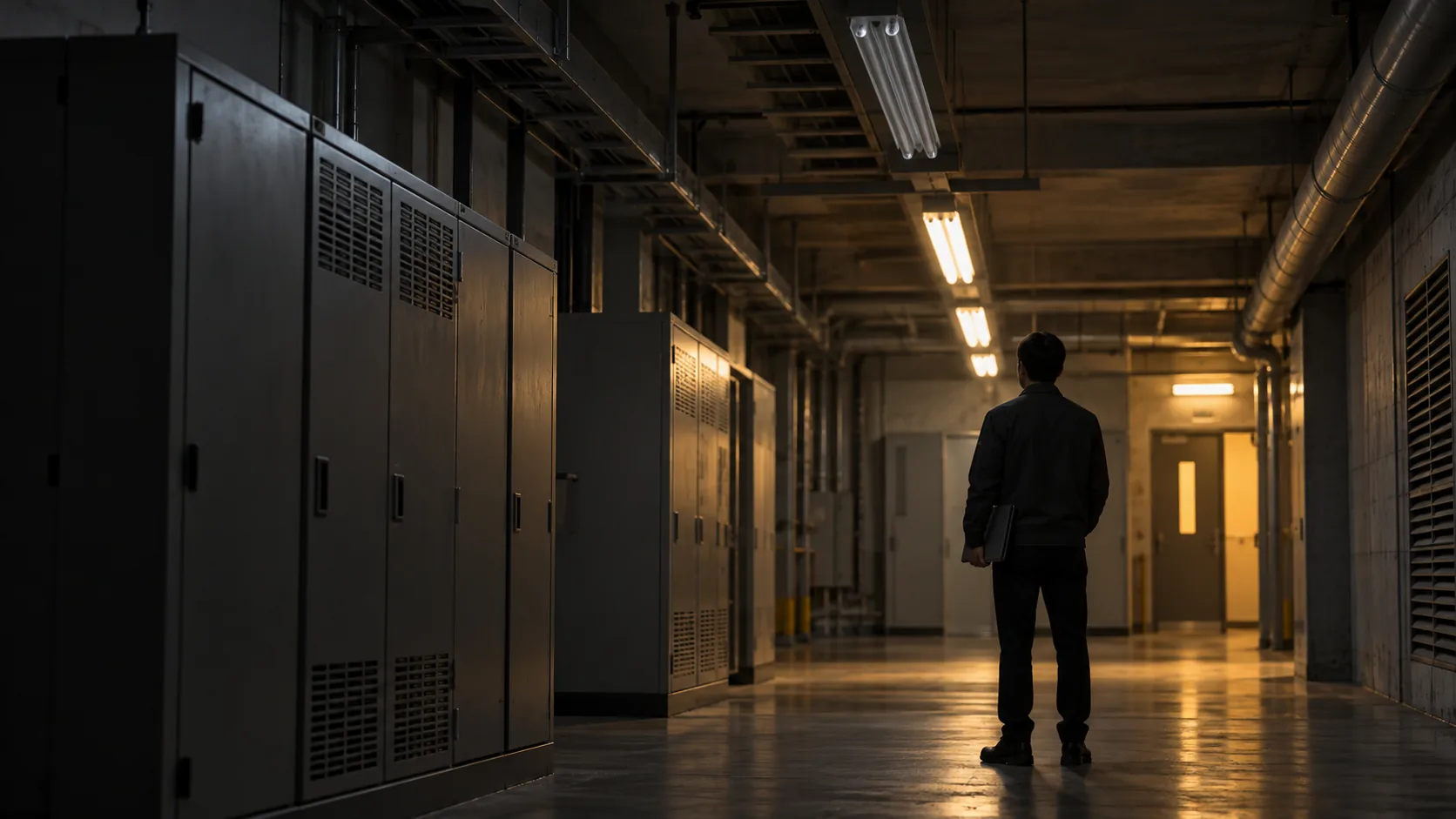 工程查詢情境示意圖,虛構人員背向畫面持文件夾站在燈具走廊,並非鴻電真實員工或工程。