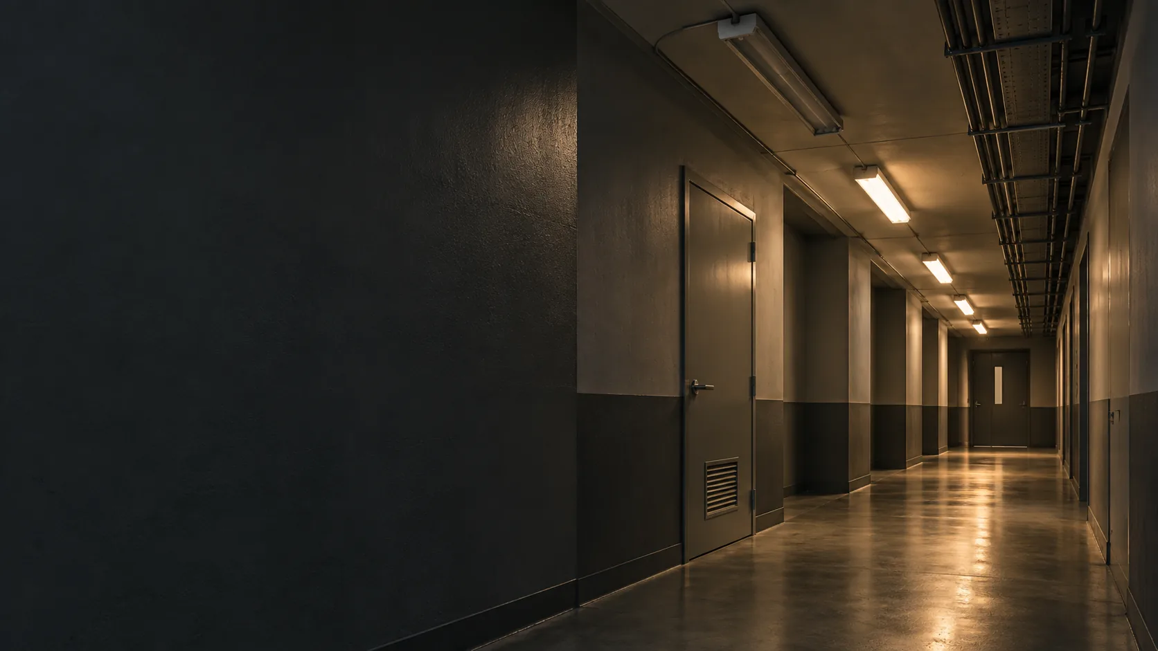 走廊燈具情境示意圖,封閉式燈具沿暖色走廊排列,非真實故障現場。